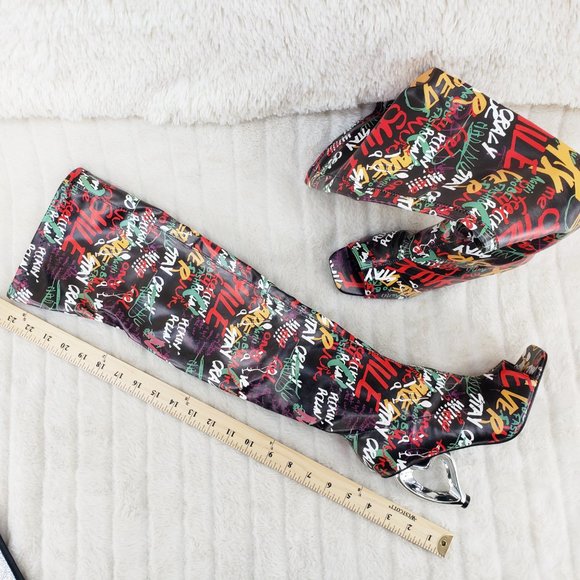 Zen Love Colorful Graffiti Print Over The Knee Boots With Wedge Heart heels - Picture 4 of 16
